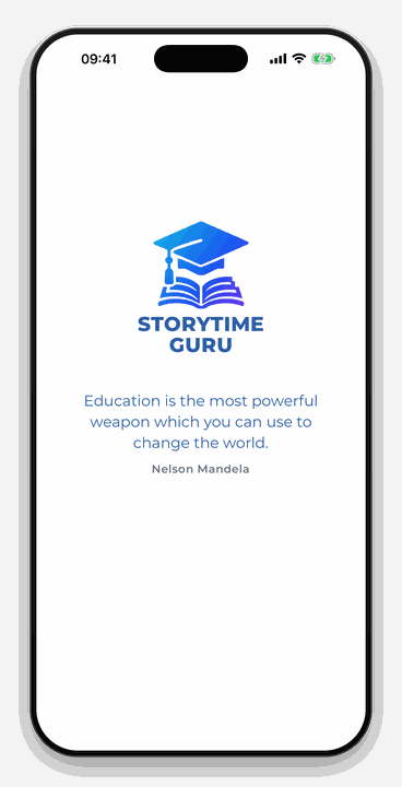 The Storytime Guru launch screen with a quotation from Nelson Mandela.