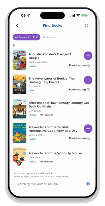 The Storytime Guru app showing the full library, listed A to Z.