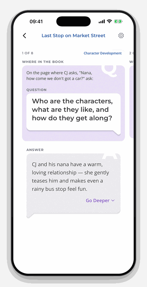 Storytime Guru Reading Guide showing a question and the response for the adult